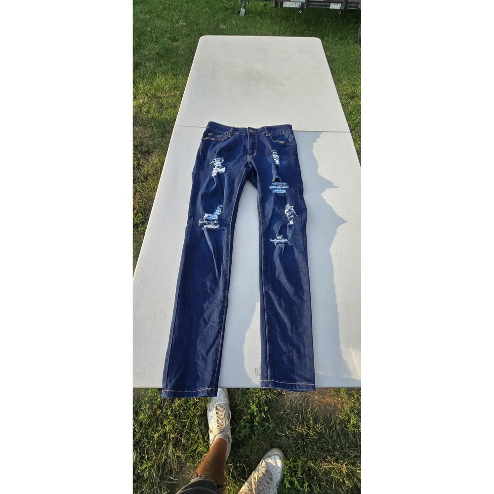 Ling Co. heavily distressed ripped skinny jeans dark wash indigo shade Size 9/10